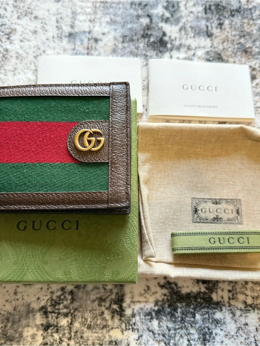 Gucci Brown Leather Money Clip and Card Case with Green and Red Web and Gold GG